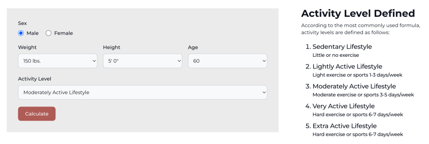 Screenshot of calories calculator from Guidebyday