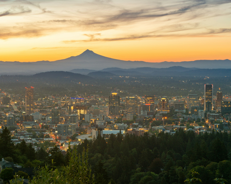 Picture of wide angle view of the city of Portland and Mount Hood in Oregon